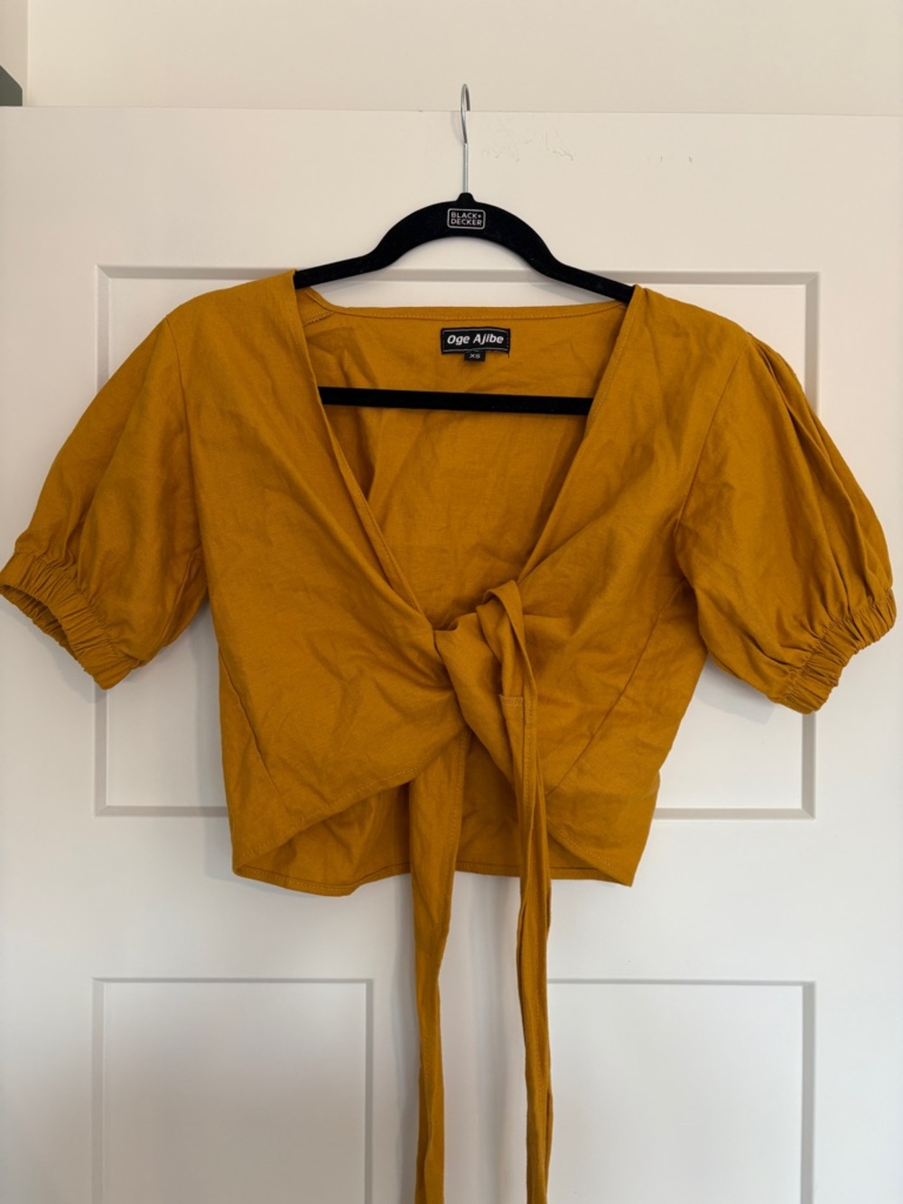 Mustard Tie-Front Puff Sleeve Crop Top